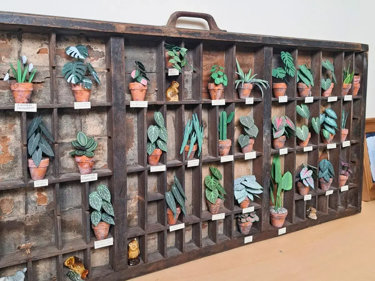 Customer's collection of finished miniature paper plants on display